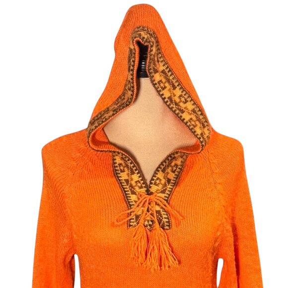VTG 100% Alpaca Hooded Fringe Sweater Sz.S Orange Cabin Aztec Western Cowgirl - Picture 4 of 14